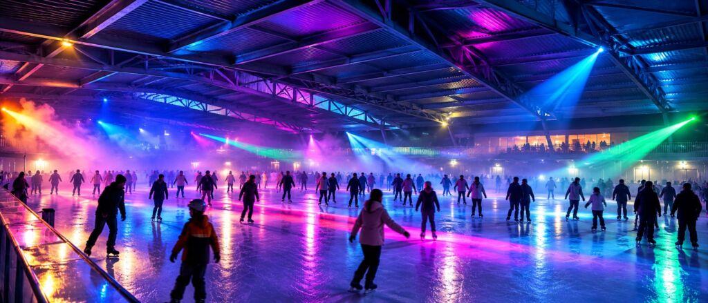 Panorama der Eishalle Schüwo Park im violetten Licht der Eisdisco, Besucher auf dem Eis