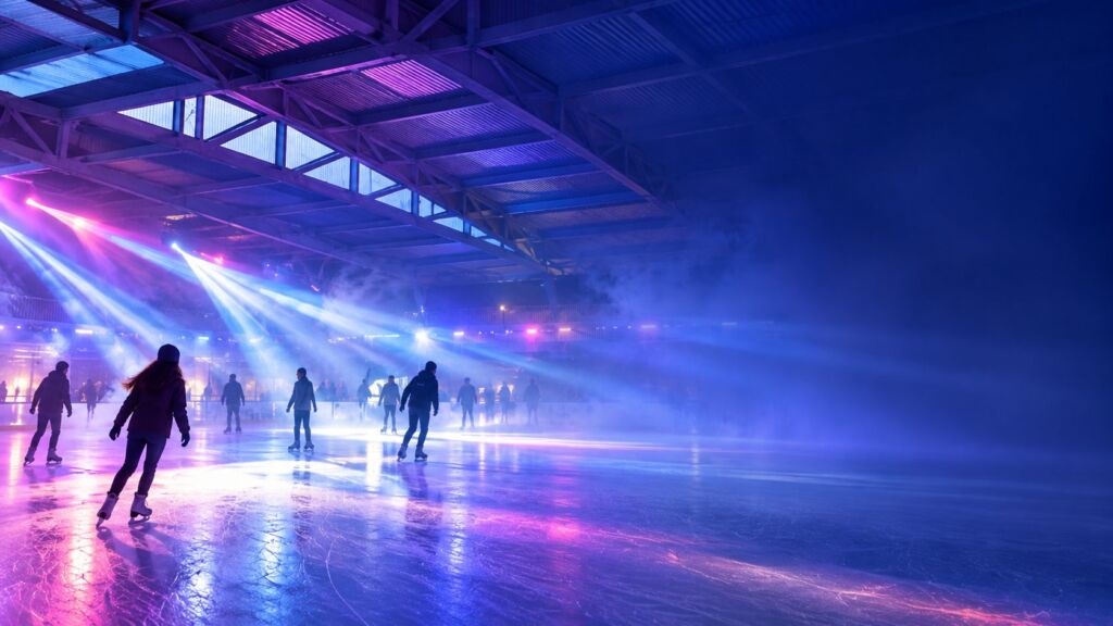 Lichtstrahlen und Nebel über der Eisfläche an der Eisdisco im Schüwo Park Wohlen