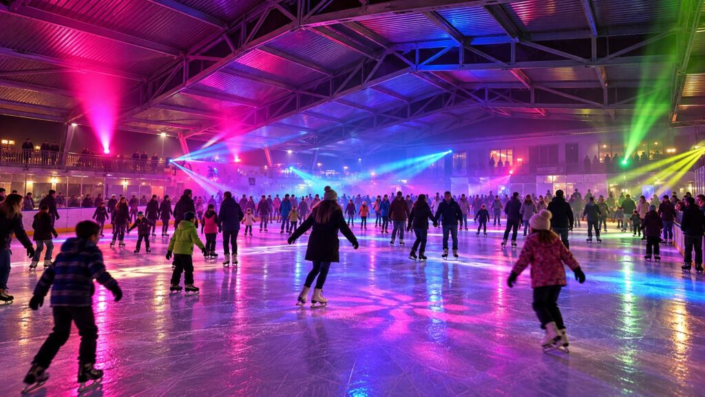 Volle Eisfläche an der Eisdisco Dancing on Ice, Besucher tanzen unter pinkem und blauem Licht